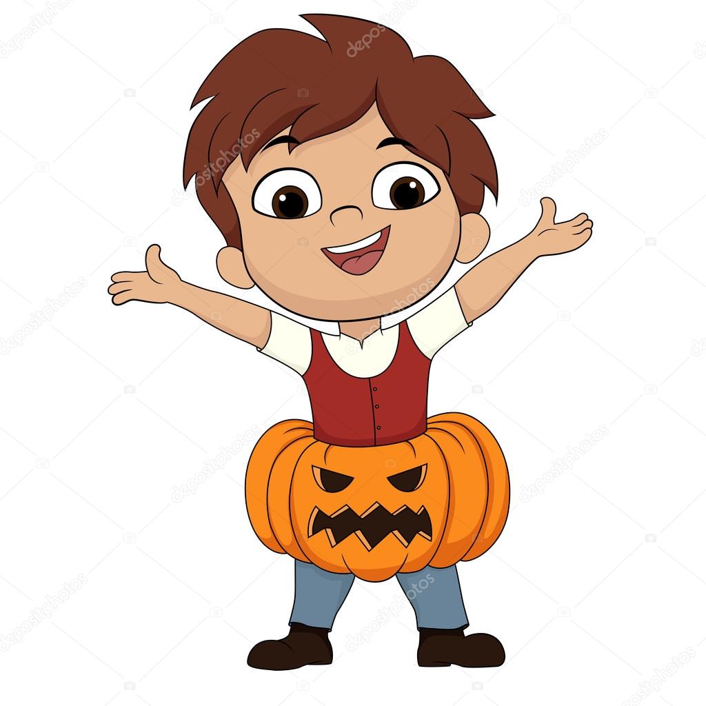 Happy halloween.Cute kid put up a pumpkin in a body in halloween