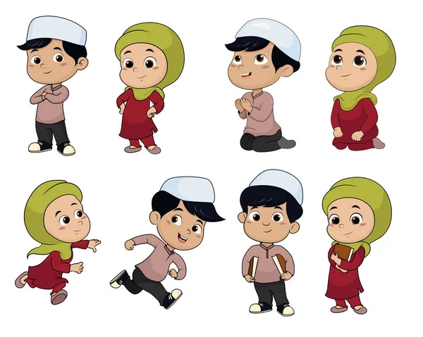 Conjunto de crianças muçulmanas fazendo atividades.vector e illustratio — Vetor de Stock