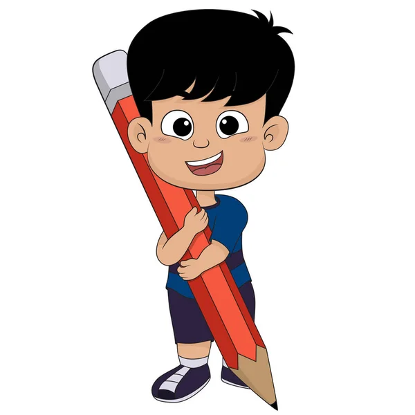 Aranyos gyerek egy nagy ceruza gazdaság. — Stock Vector