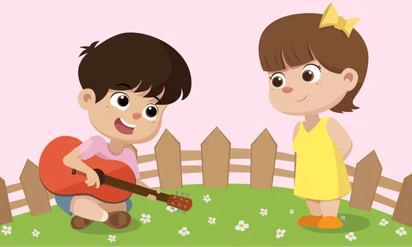 バレンタインに女の子のためのギターを演奏する子供. — ストックベクタ