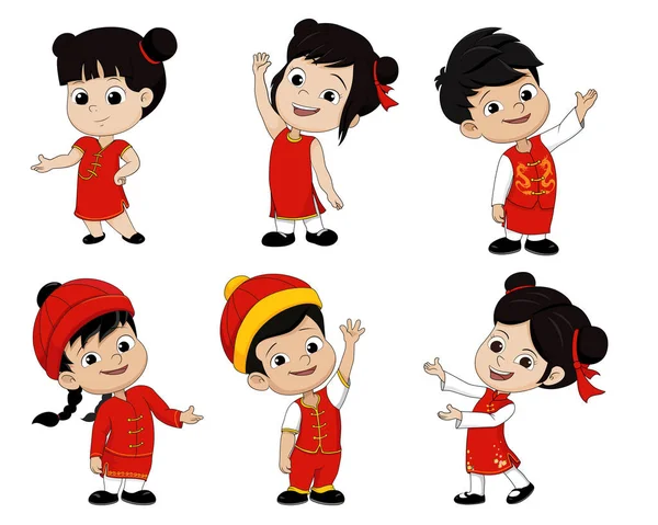 만화 중국 어린이, 행복 한 중국 새 해의 집합. — 스톡 벡터