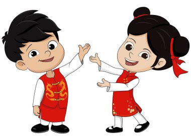 Çizgi film Çinli çocuklar, mutlu çene yeni yıl kümesi.