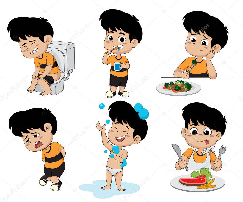 set of daily activities routines,kid  taking a bath, Funny littl