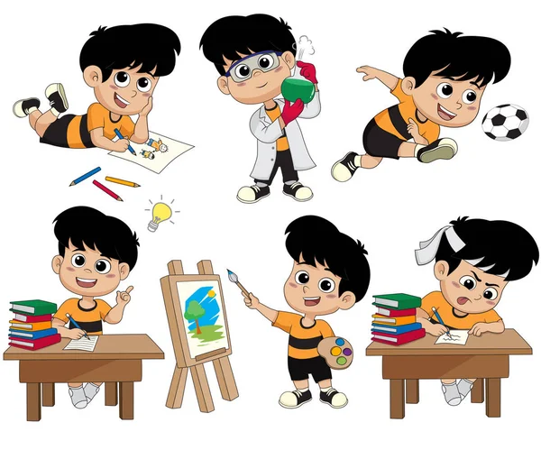 Volver a la escuela.Un niño lindo con pose diferente . — Vector de stock