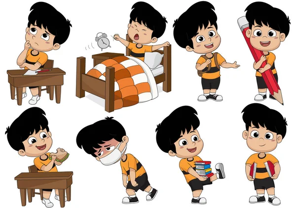 Conjunto de actividad infantil, niño piensa, despierta, sosteniendo un lápiz grande, come s — Vector de stock