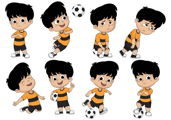 Cartoon soccer kid with different pose. — Stock Vector