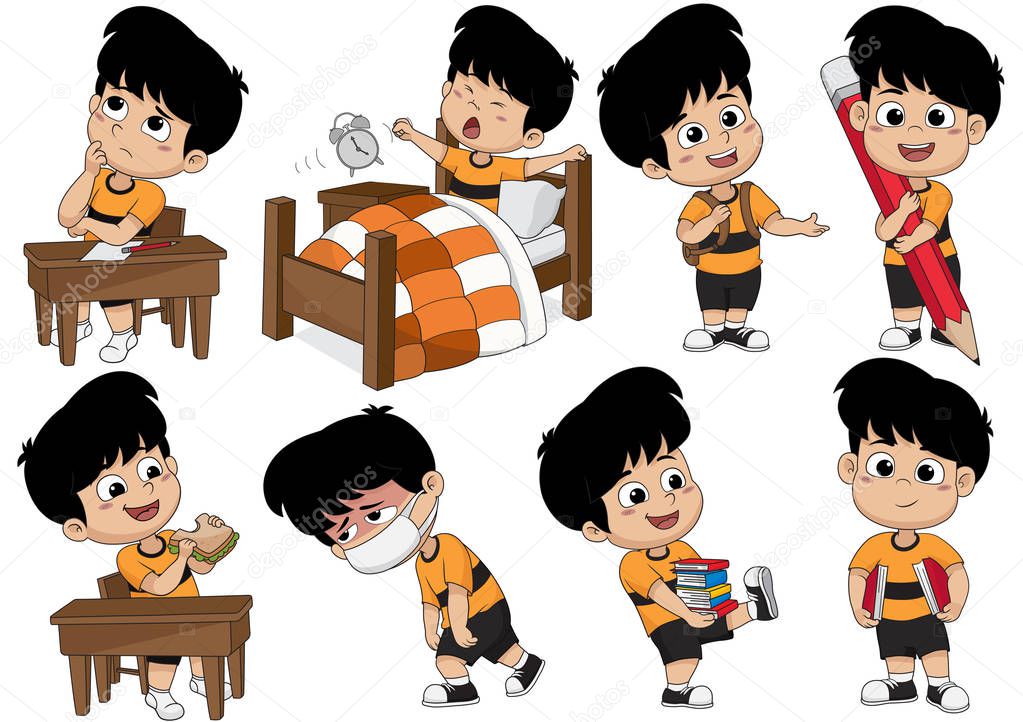 Set of kid activity,kid think,wake up,holding a big pencil,eat s