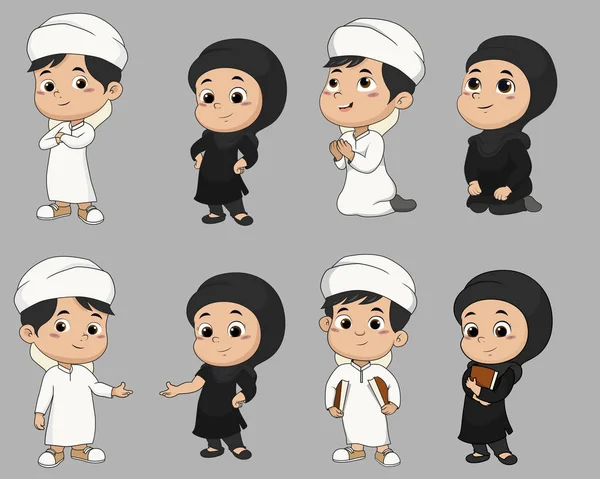 Set of kid muslim people doing activities.vector and illustratio — Stock Vector