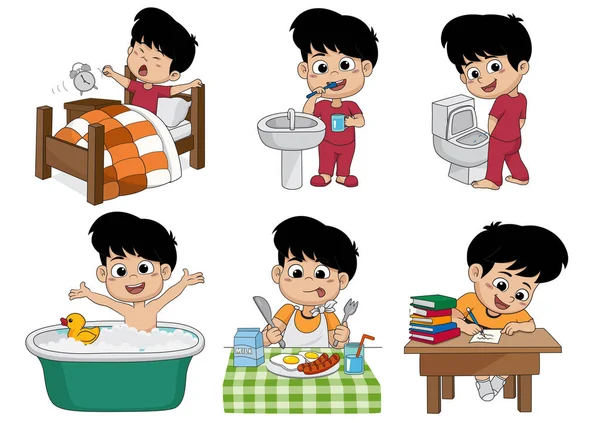 Conjunto de diario lindo chico, chico despierta, cepillarse los dientes, orina de niño, tomando — Vector de stock