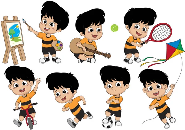 Conjunto de actividad infantil, niño pintando un cuadro, tocando una guitarra, tocando — Vector de stock