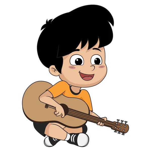 Хлопчик грав на гітарі. Музика змушує дітей зосереджуватися та допомагати — стоковий вектор