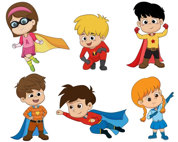 Ensemble d'enfants portant des costumes de super-héros avec différents pose.vecto — Image vectorielle