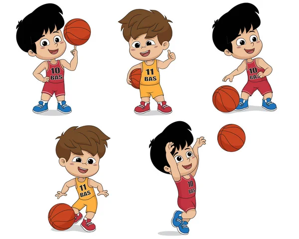 Juego de niños jugando baloncesto . — Vector de stock