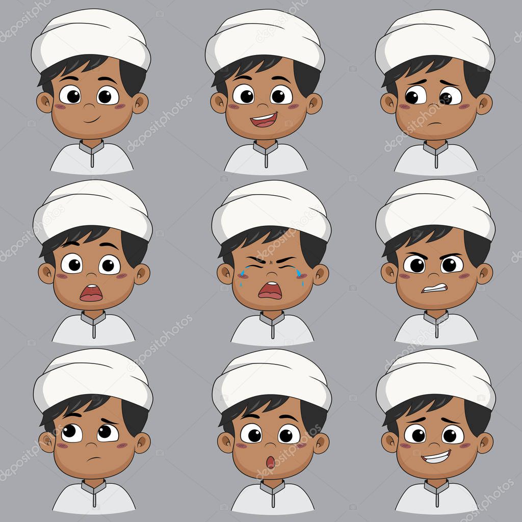 Set of emotion cute muslim boy ,smile, happy, laugh, sad, surpri