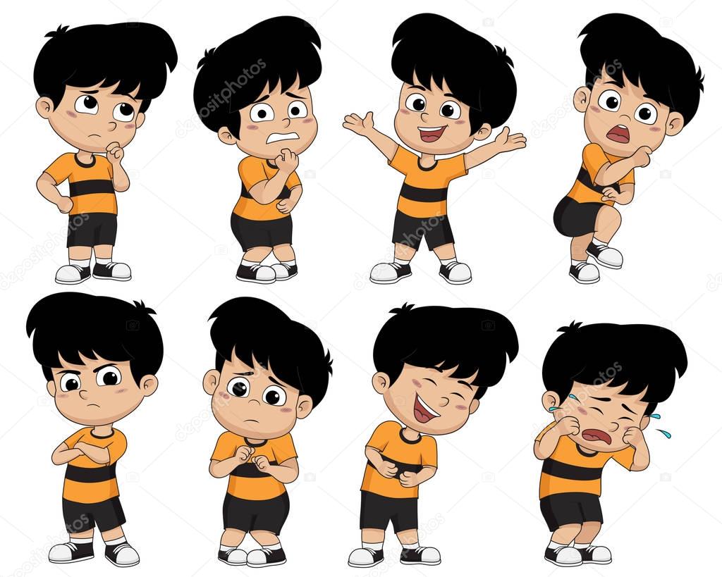 Set of cute boy pose showing different emotions.Basic seven of e