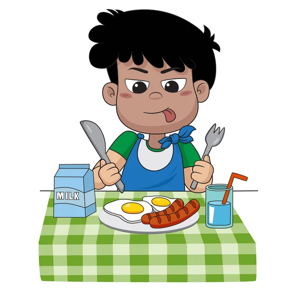 Het kind eet ontbijt dat kan invloed hebben op de groei van kinderen — Stockvector
