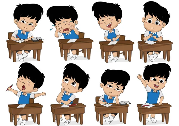 Conjunto de diferentes niños aprendiendo pose.Boy llorando, riendo, triste, dormir — Archivo Imágenes Vectoriales