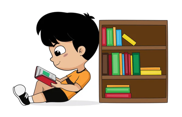 Pojke läser en bok i biblioteket. — Stock vektor