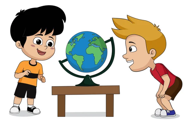 グローブ earth.vector および illustrat について勉強している子供たち — ストックベクタ