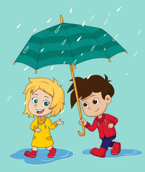 Gadis berjalan dan berbicara dengan anak laki-laki di hari hujan . - Stok Vektor