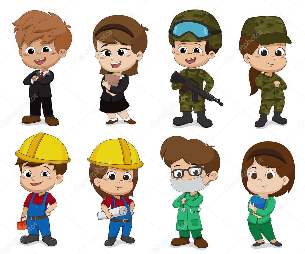 Kid of different professions such as business,Soldier,Engineer,Doctor.