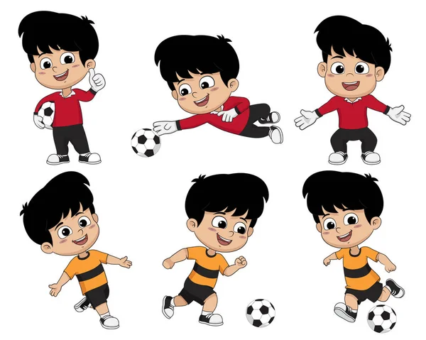 Dessin animé enfant de football faire du football sport qu'il aime profondément avec diff — Image vectorielle