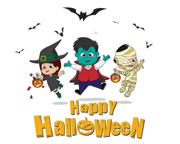 Hyvää halloween.Kid pukeutua Halloween osapuoli ja hyppäämällä — vektorikuva