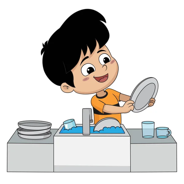 Niño lavando platos imágenes de stock de arte vectorial | Depositphotos
