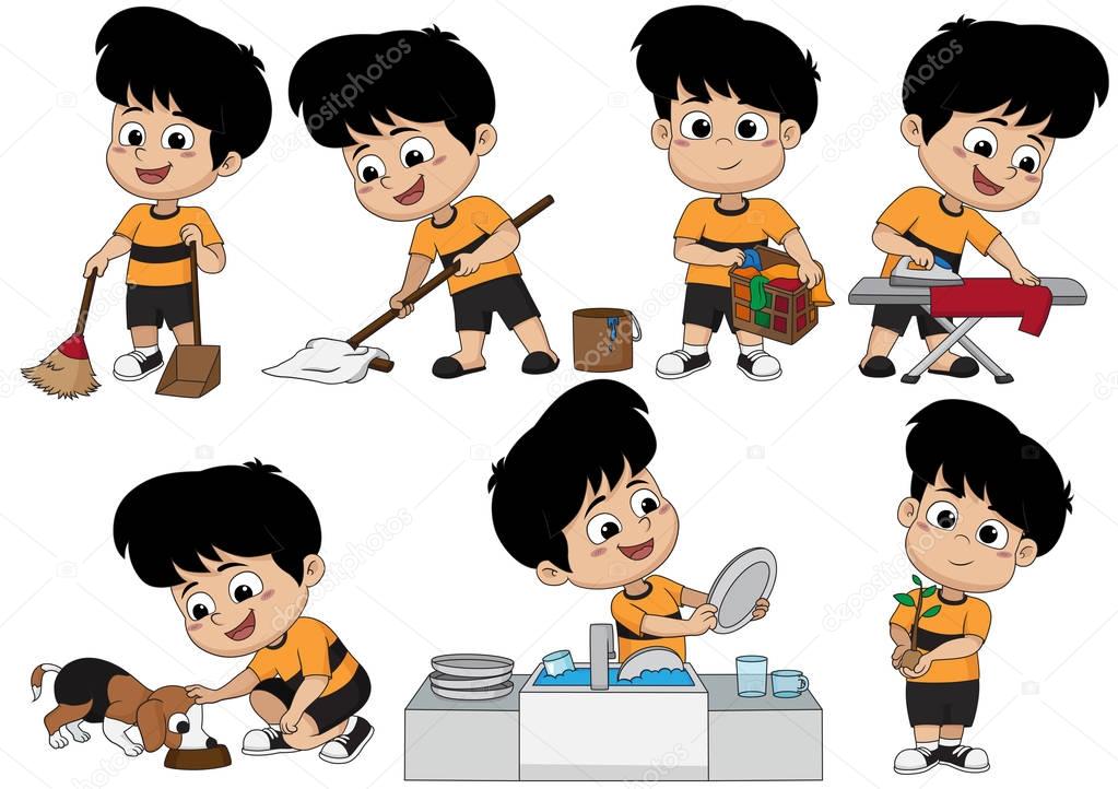 One day the kid helps parents do many things such as sweeping, m