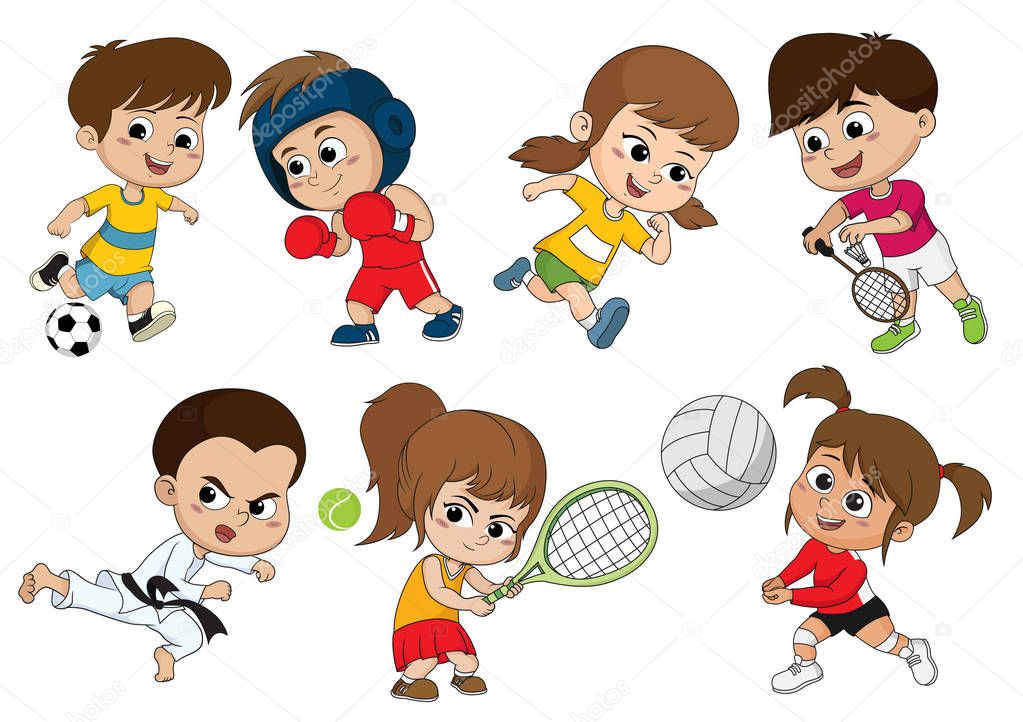 Children of various types of sports, such as soccer, boxing, run