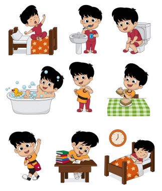Günlük sevimli çocuk kümesi. Yukarı fırçalarken, çocuk uyku modundan çıkarma çocuk işemek, alarak 