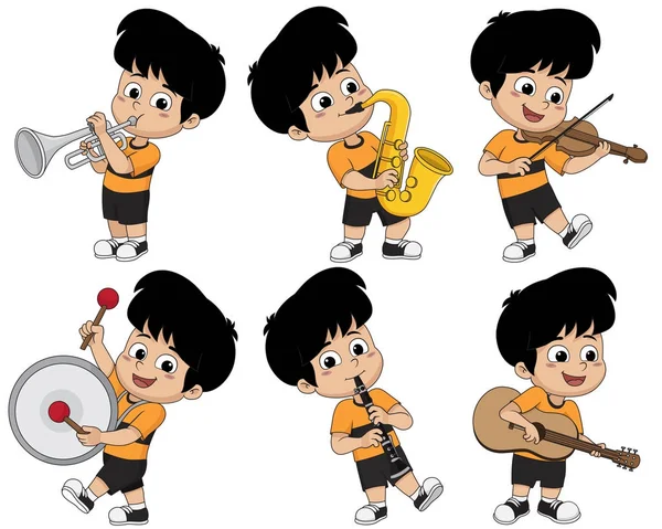 Criança tocando instrumentos musicais como trompete, saxofone, violino — Vetor de Stock
