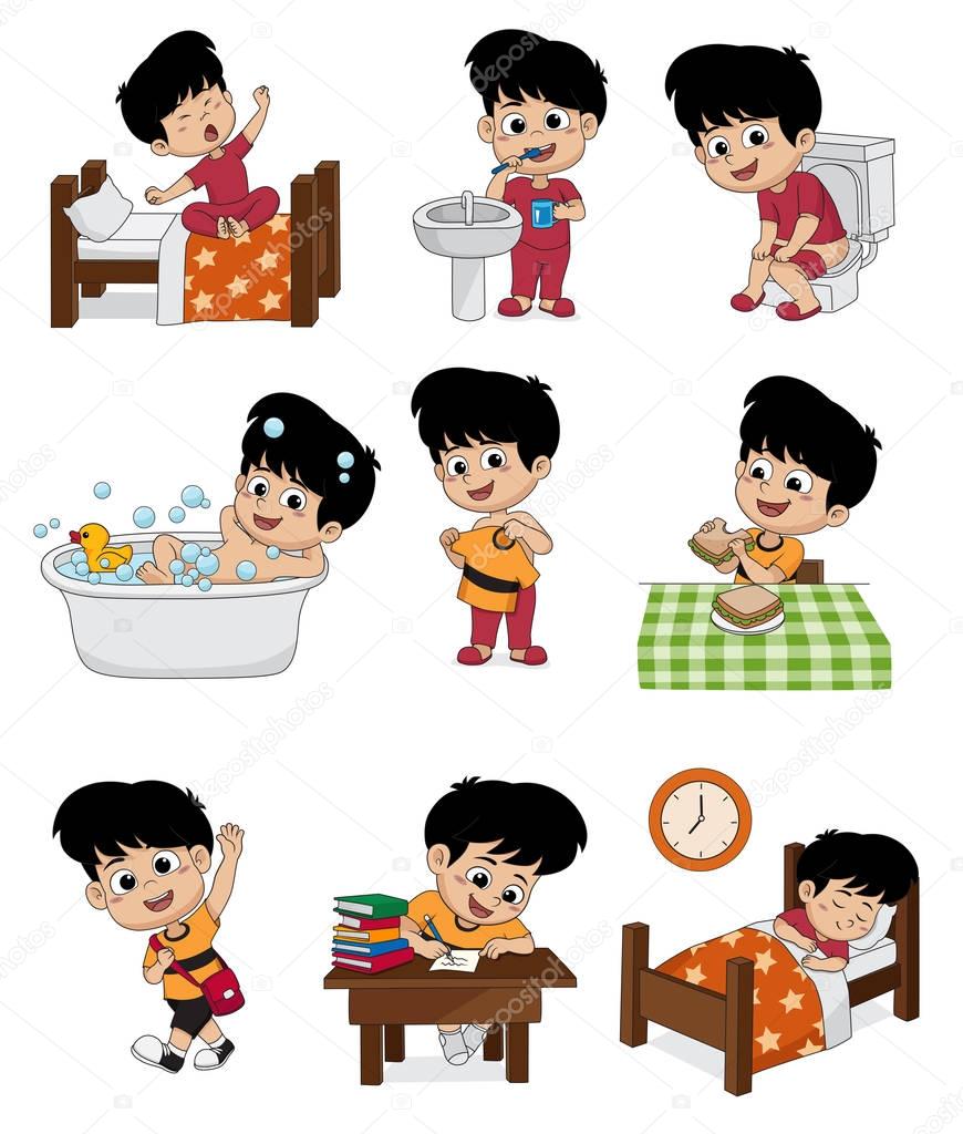 Set of daily cute boy.Boy wake up,brushing teeth,kid pee,taking 