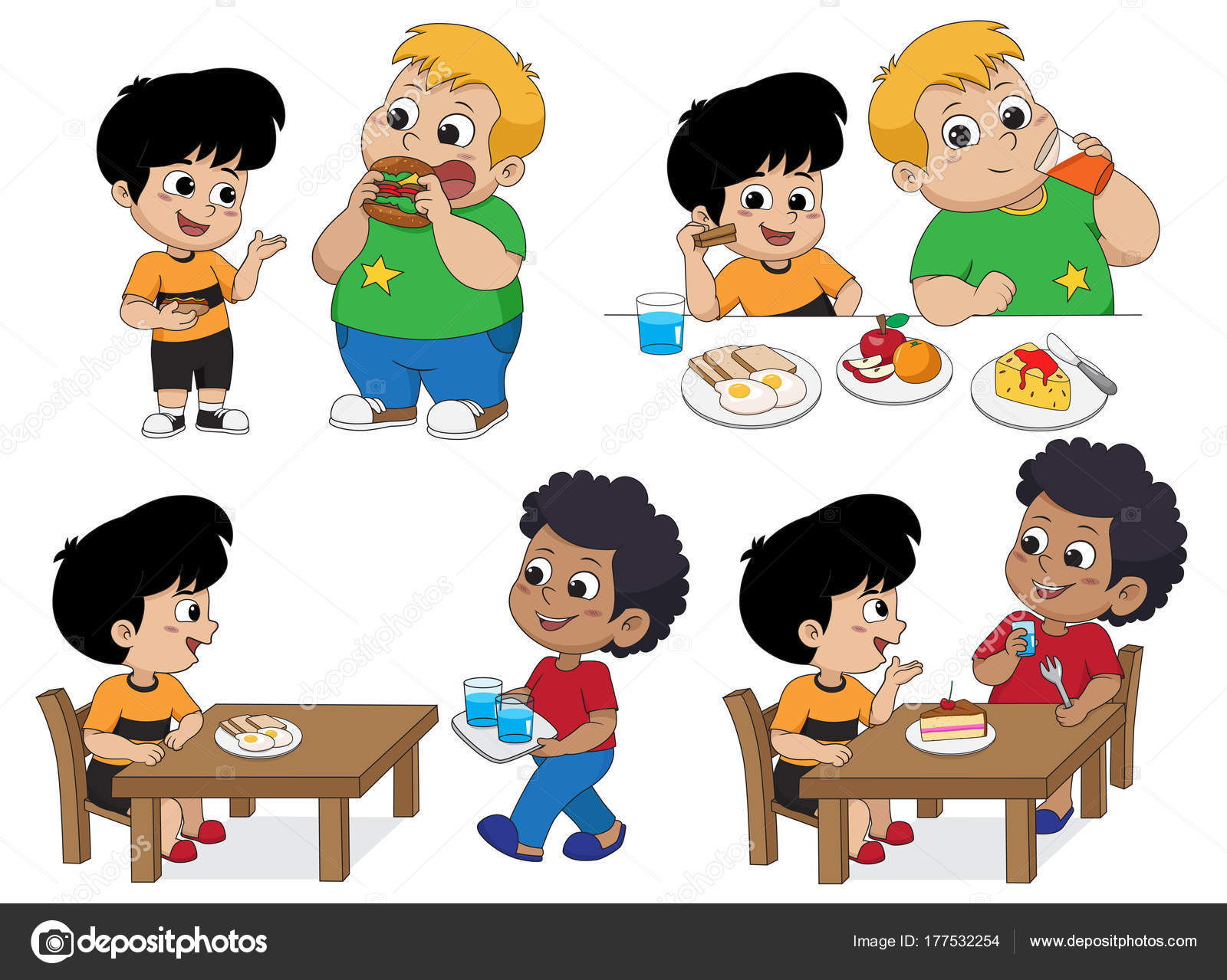 Conjunto de crianças comendo comida deliciosa com amigos.Vector e illustr  Vetor de ©eempris.hotmail.com 177532254, image size:1600x1279