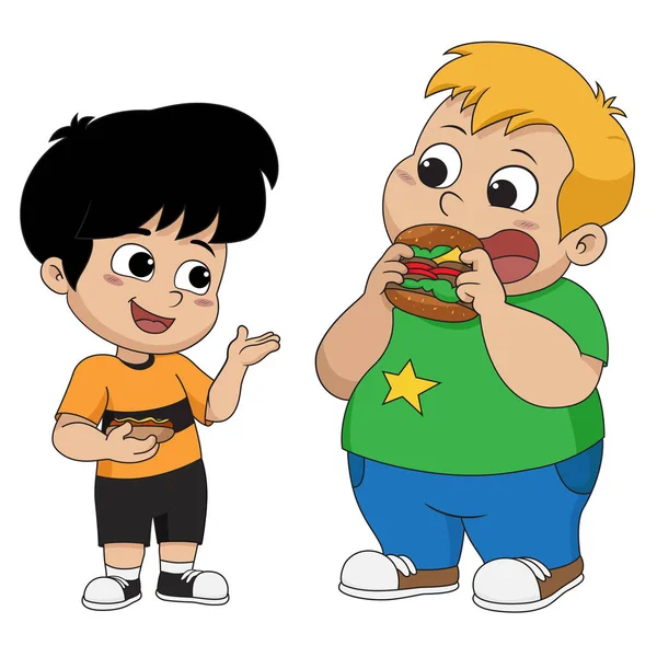 Kid mangiare e parlare con gli amici.Vettore e illustrazione . — Vettoriale Stock