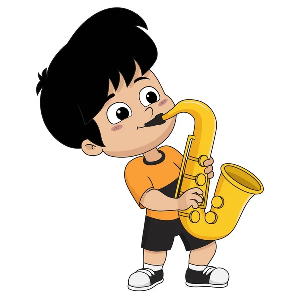 Niño jugando saxofone.Vector e ilustración . — Archivo Imágenes Vectoriales