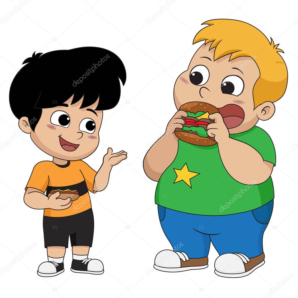 Kid eating and talking with friends.Vector and illustration.