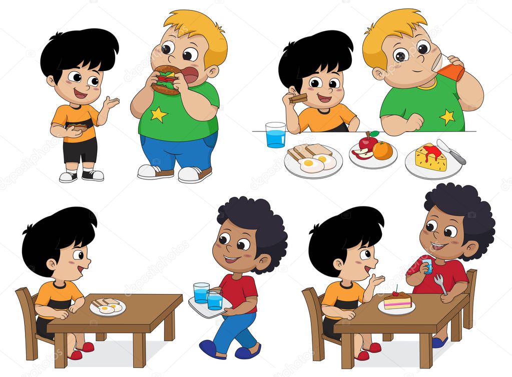 Set of Kid eating delicious food with friends.Vector and illustr