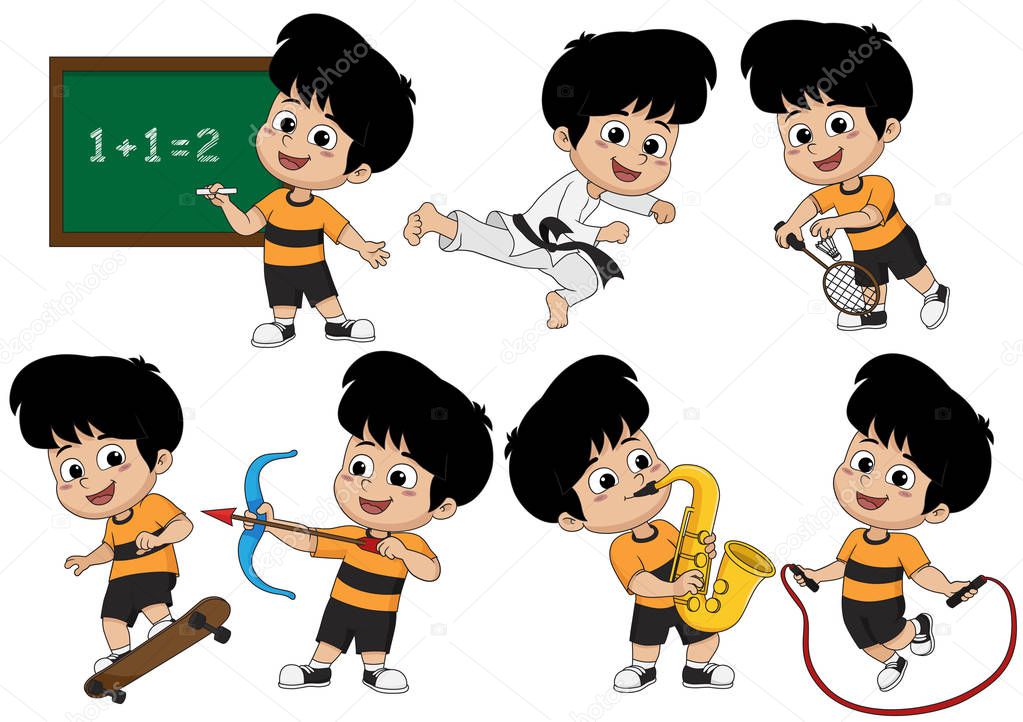 Set of kid activity, kid learning math in class,playing taekwond