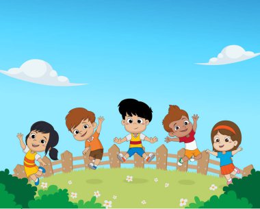 Hava together.vector ve illustratio atlama çocuklar grup