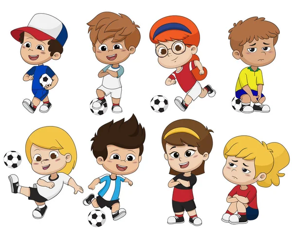 Farklı poz olan çizgi film futbol çocuk. Vektör ve illüstrasyon.