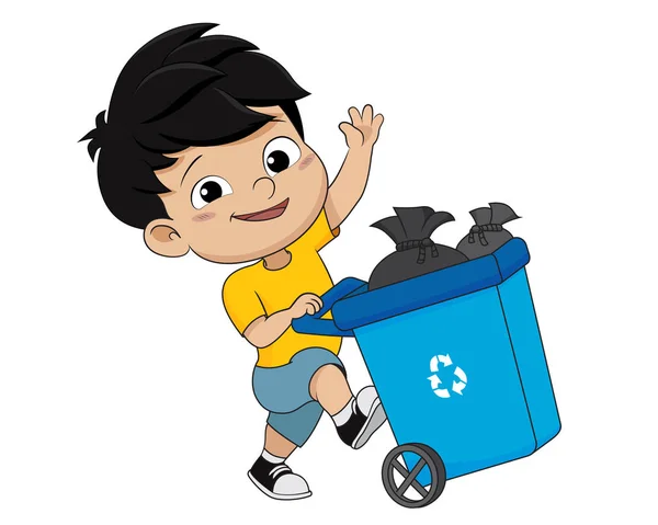 Criança coleta lixo e resíduos de plástico para recicling.vector e — Vetor de Stock