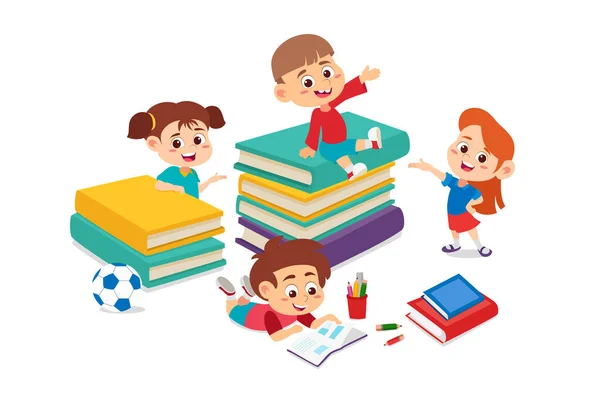 Niños Leyendo Libro Juntos — Vector de stock