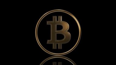 Bitcoin siyah arka plan üzerine, 3d animasyon döngü sorunsuz döndürme