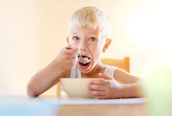 Cute Child Boy Holding Spoon Eating Food Sunny Day — Stock Photo, Image