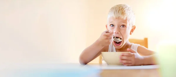 Cute Child Boy Holding Spoon Eating Food Sunny Day — Stock Photo, Image