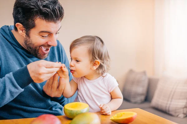 Close Young Happy Father Holding Spoon Feeding Cute Little Girl — Stock Photo, Image