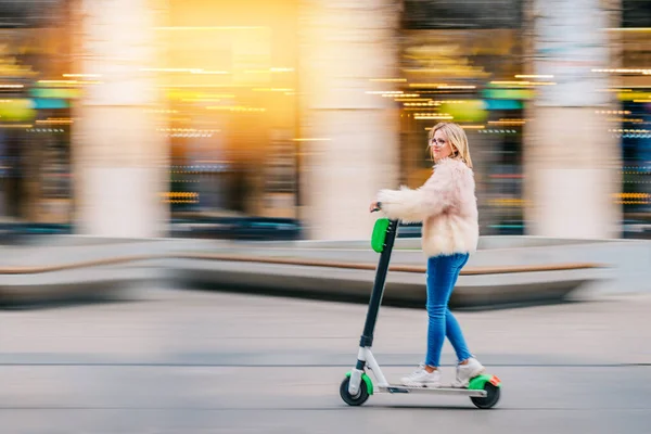 Young Woman Girl Riding Electric Scooter Downtown City Street Urban — Stock Photo, Image