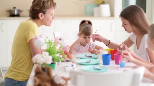 Footage Beautiful Family Painting Easter Eggs Home — Stock Video