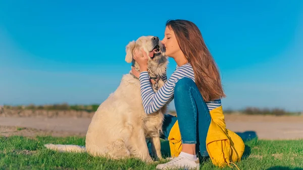 Genç Kız Golden Retriever Dog Pet Ile Oynuyor Açık Havada — Stok fotoğraf